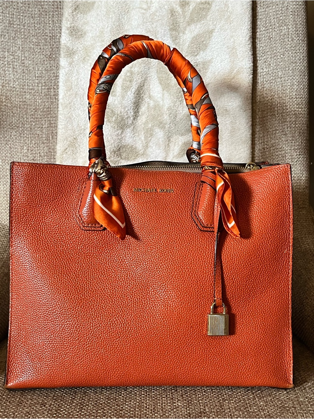Michael Kors Orange Pebbled Leather Tote with Scarf-Wrapped Handles